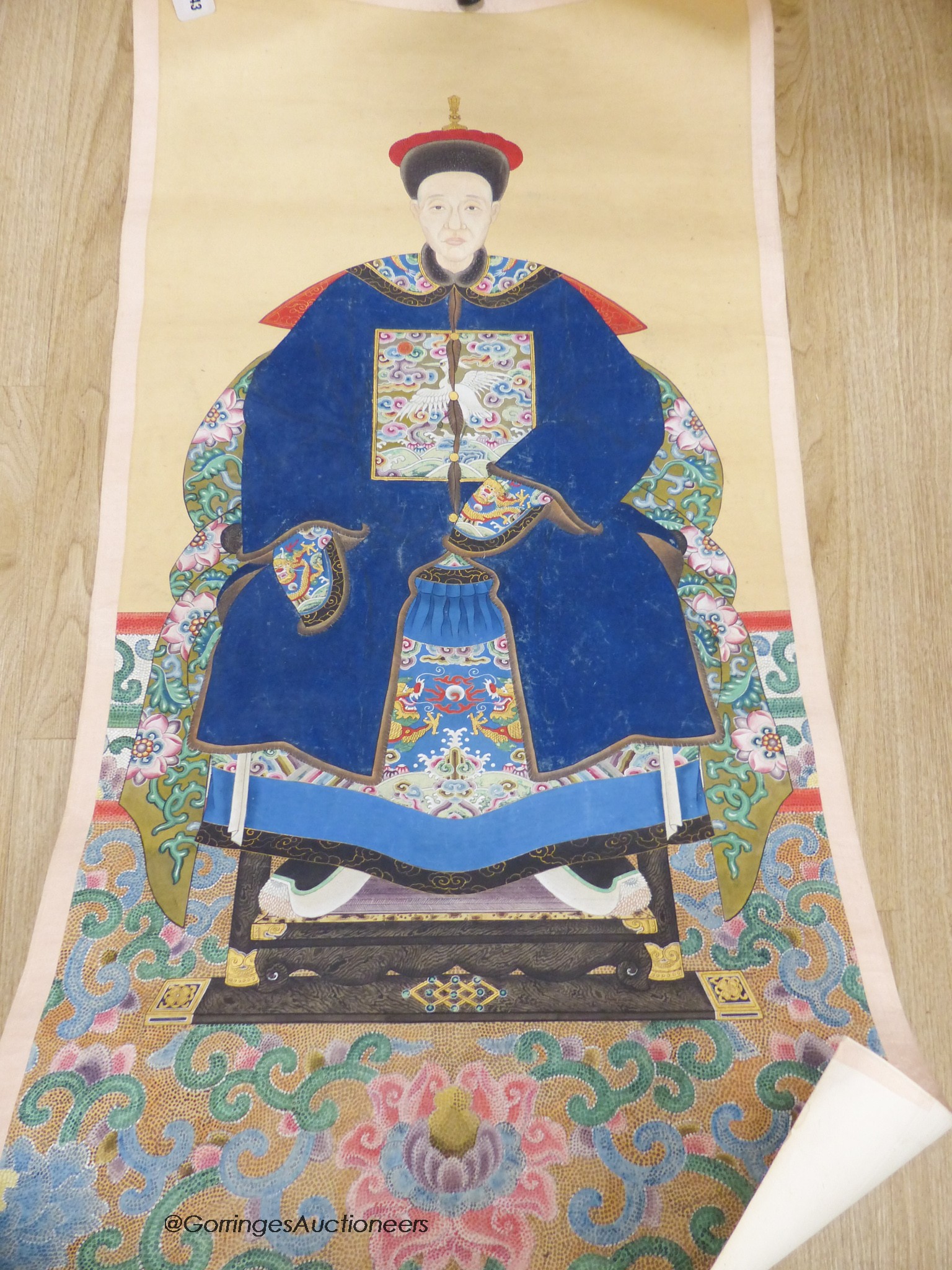 A 19th century Chinese ancestor painting, a 19th century Chinese scroll painting on paper of a sage and other figures, Image 100x 47 cm and a calligraphic scroll (3)